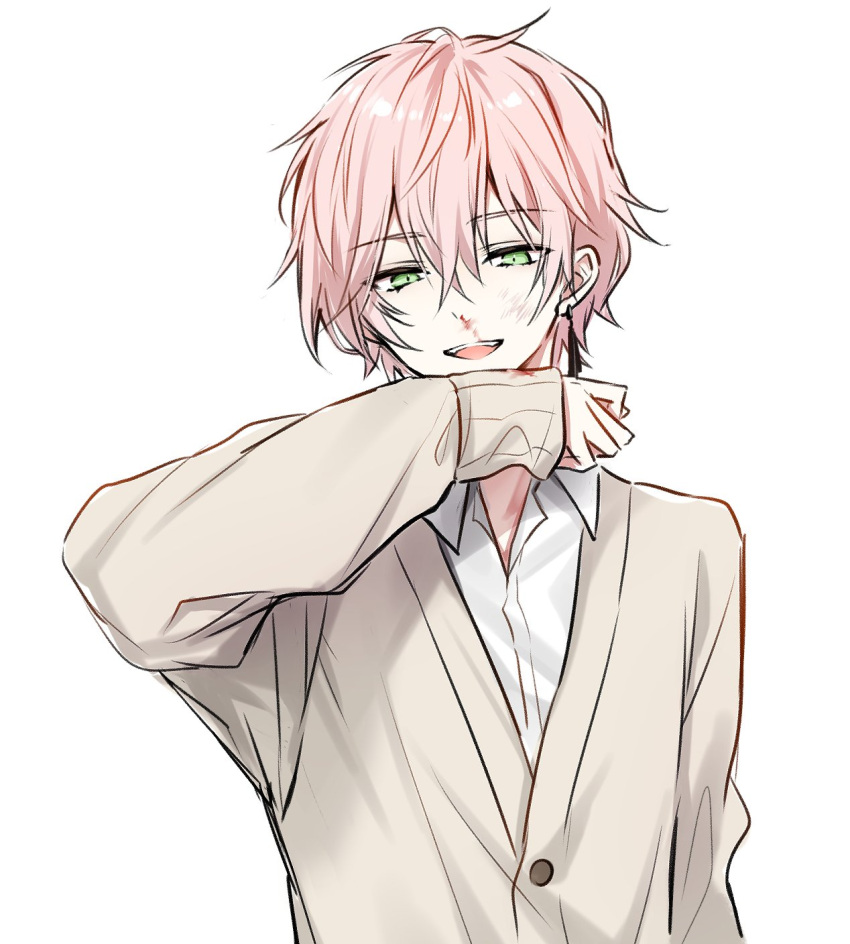1boy, :d, blood, blood_on_clothes, bruise, bruise_on_face, cardigan, earrings