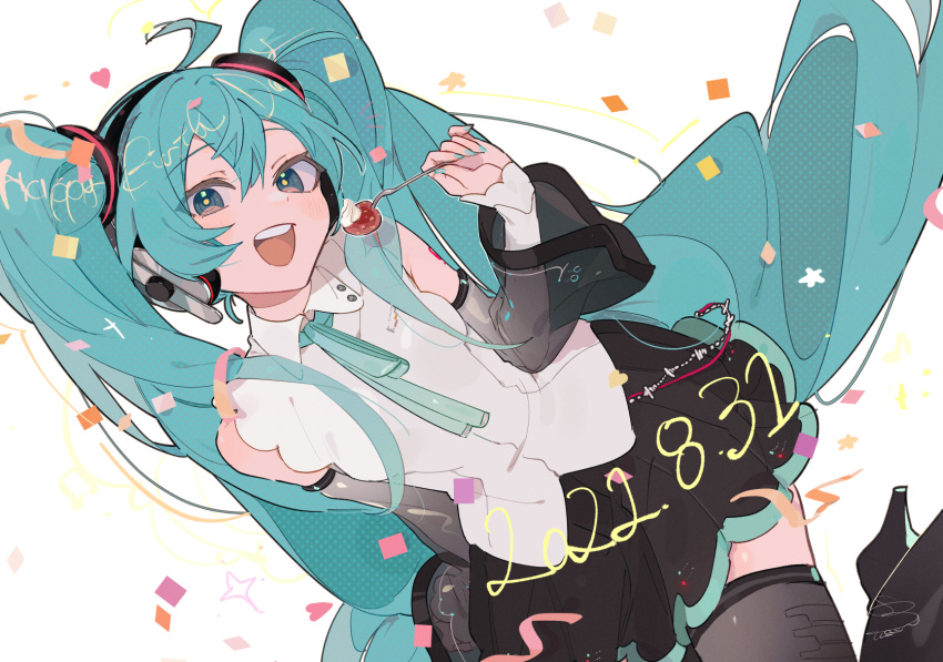 1girl, absurdly_long_hair, ahoge, aqua_eyes, aqua_hair, aqua_nails, aqua_ribbon, bare_shoulders