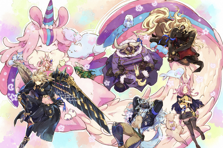 2girls, 4boys, alpaca, animal_ear_fluff, animal_ears, artist_name, bangs, bare_shoulders