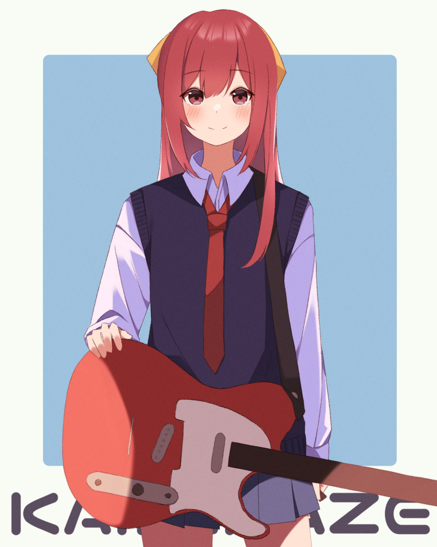 1girl, alternate_costume, black_vest, blue_background, blue_shirt, blue_skirt, blush, character_name