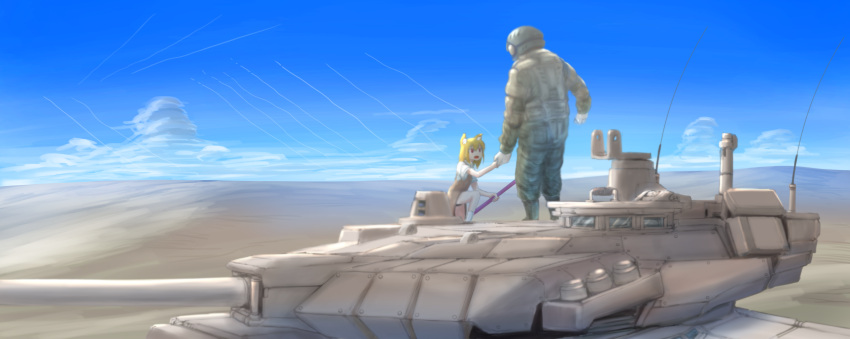 1girl, 1other, absurdres, animal_ears, bangs, blonde_hair, blue_sky, brown_dress, bulletproof_vest, clouds, collared_shirt, commentary_request, cookie_(touhou), day, desert, dress, fox_ears, fox_girl, full_body, ground_vehicle, helmet, highres, holding_hands, labor, looking_to_the_side, medium_hair, military, military_vehicle, miramikaru_riran, motor_vehicle, open_mouth, outdoors, pinafore_dress, red_eyes, sand, shirt, short_sleeves, sky, soldier, tank, vehicle_request, white_shirt