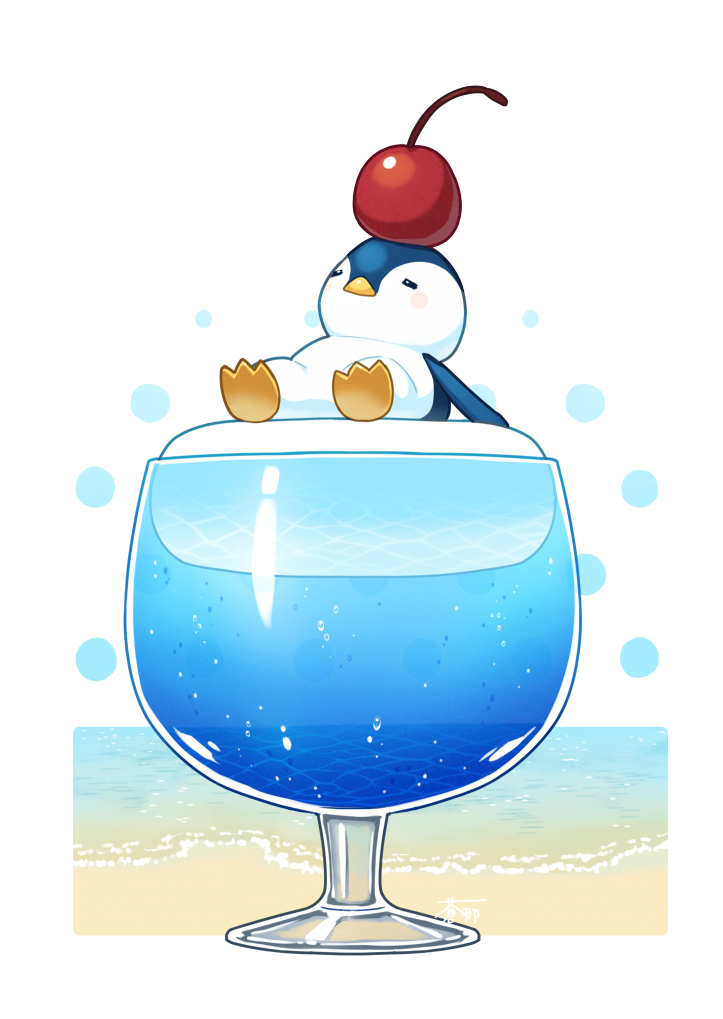 air_bubble, aona_(noraneko), beach, bird, blush_stickers, bubble, cherry, closed_eyes