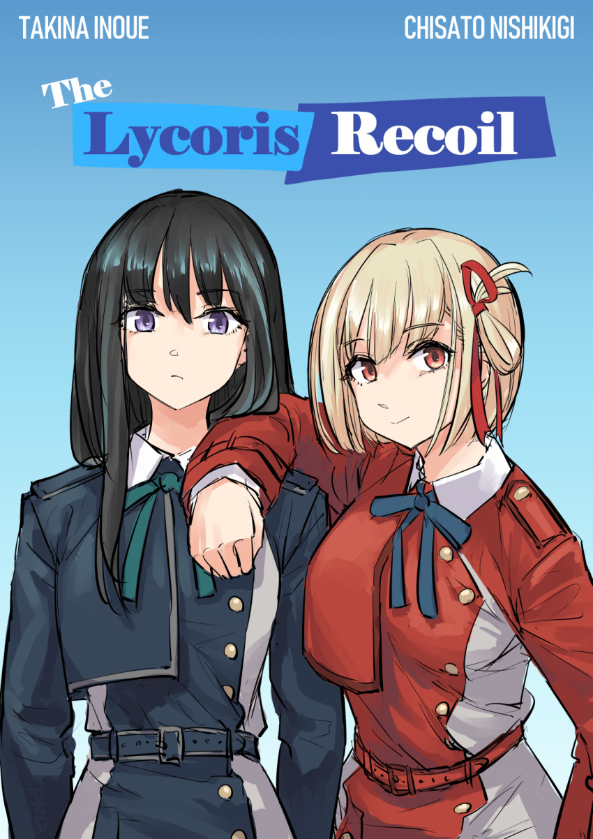 2girls, arm_on_shoulder, background_text, bangs, belt, black_hair, blonde_hair, blue_background