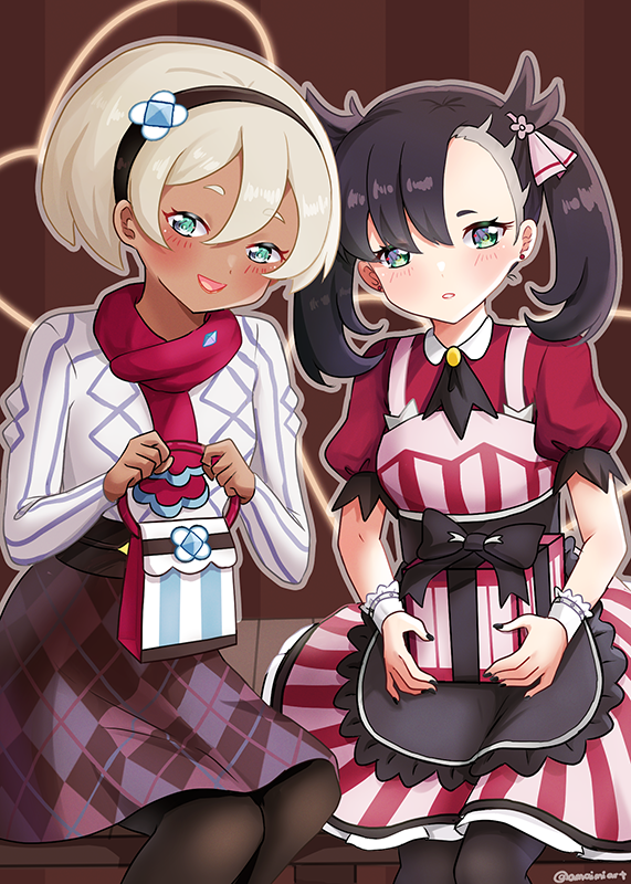 2girls, amai-tapioca, apron, ascot, bangs, bea_(pokemon), black_ascot, black_nails