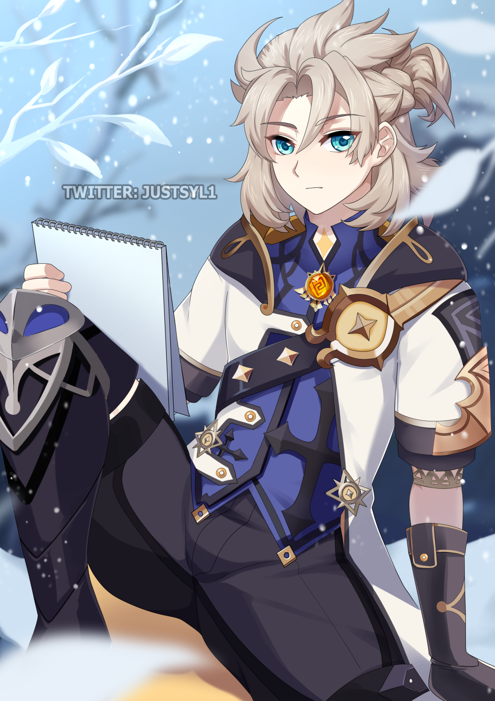 1boy, albedo_(genshin_impact), bishounen, black_footwear, black_gloves, blue_eyes, blue_shirt, boots