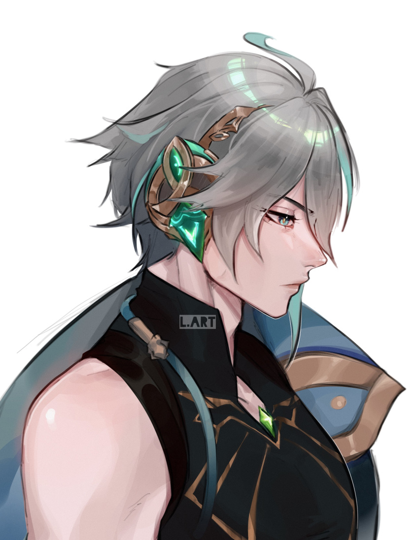 1boy, absurdres, ahoge, al-haitham_(genshin_impact), from_side, genshin_impact, grey_hair, highres