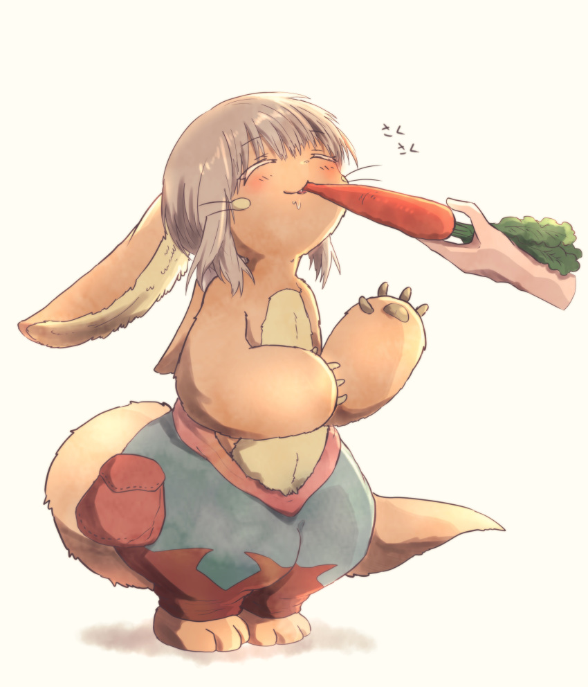 2others, absurdres, androgynous, brown_fur, carrot, closed_eyes, eating, furry, highres, holding, holding_carrot, made_in_abyss, multiple_others, nanachi_(made_in_abyss), neru5572_(onerumaster), other_focus, puffy_pants, simple_background, solo_focus, standing, tail, whiskers, white_background, white_hair