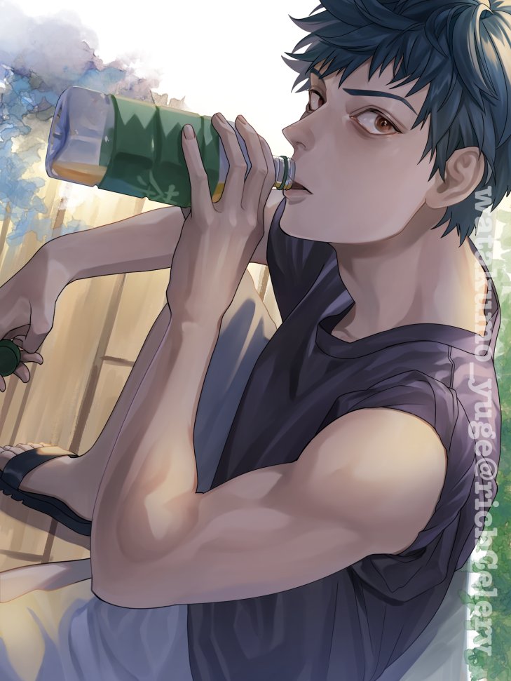 1boy, almightyx124, alternate_costume, bangs, black_footwear, black_shirt, bottle, brown_eyes