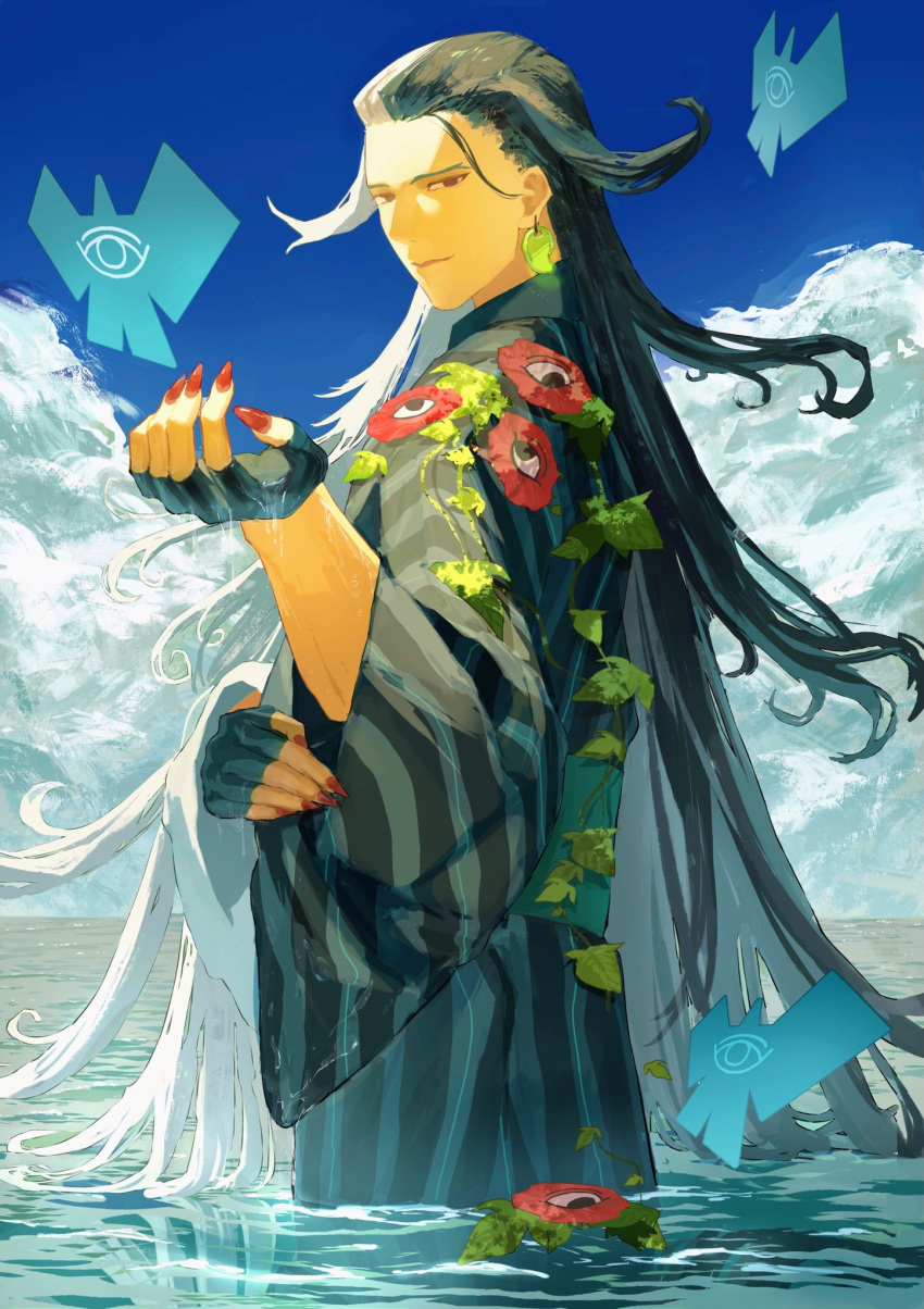 1boy, alternate_hairstyle, ashiya_douman_(asagao-patterned_yukata)_(fate), ashiya_douman_(fate), asymmetrical_hair, black_eyes, black_gloves, black_hair, blue_sky, closed_mouth, clouds, commentary_request, curly_hair, earrings, fate/grand_order, fate_(series), fingerless_gloves, fingernails, flower, gloves, hair_intakes, highres, japanese_clothes, jewelry, kimono, long_hair, looking_at_viewer, looking_to_the_side, magatama, magatama_earrings, male_focus, morning_glory, multicolored_hair, myuzu0711, ocean, official_alternate_costume, onmyouji, red_flower, red_nails, sharp_fingernails, sky, skyline, smile, solo, split-color_hair, toned, toned_male, two-tone_hair, two-tone_kimono, upper_body, very_long_fingernails, very_long_hair, wading, water, white_hair