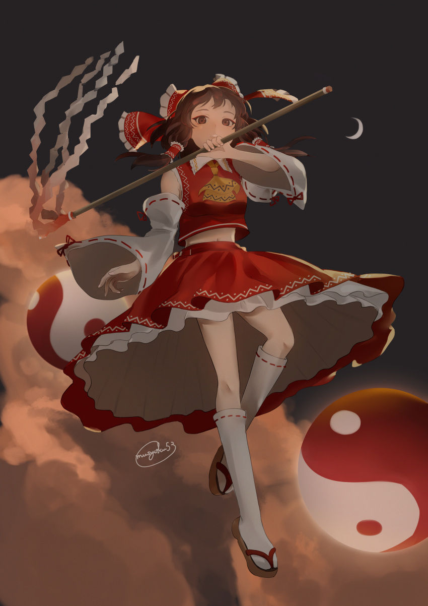 1girl, above_clouds, absurdres, ascot, bangs, bow, brown_eyes, brown_hair
