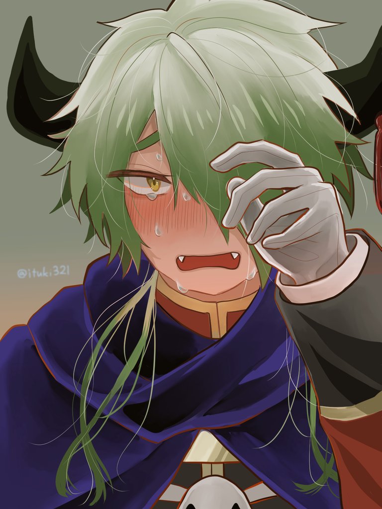 1boy, :o, artist_name, bangs, black_horns, blush, cape, crying, crying_with_eyes_open, demon_horns, demon_king_tasogare, fangs, gloves, green_hair, hair_over_one_eye, horns, ituki321, long_sleeves, looking_at_viewer, male_focus, maou-jou_de_oyasumi, simple_background, tears, white_gloves