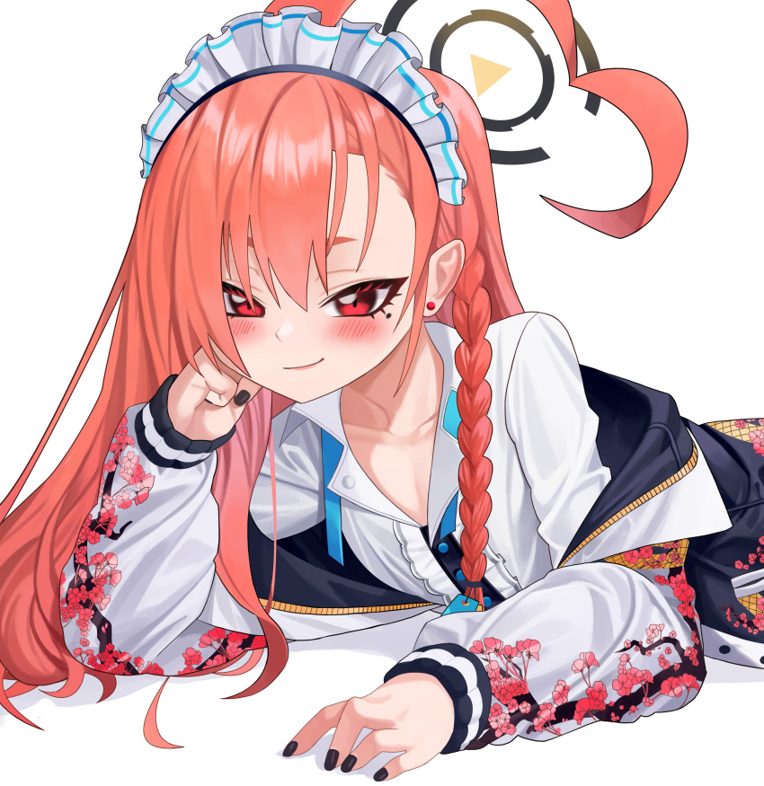 1girl, absurdres, ahoge, alternate_hair_length, alternate_hairstyle, bangs, black_nails, blue_archive