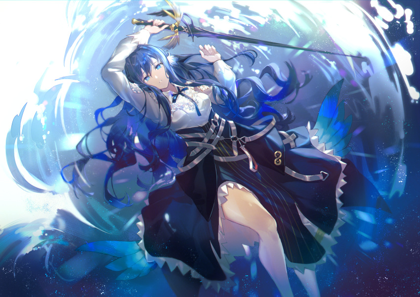 1girl, absurdres, afloat, arknights, astesia_(arknights), blue_eyes, blue_hair, blue_ribbon