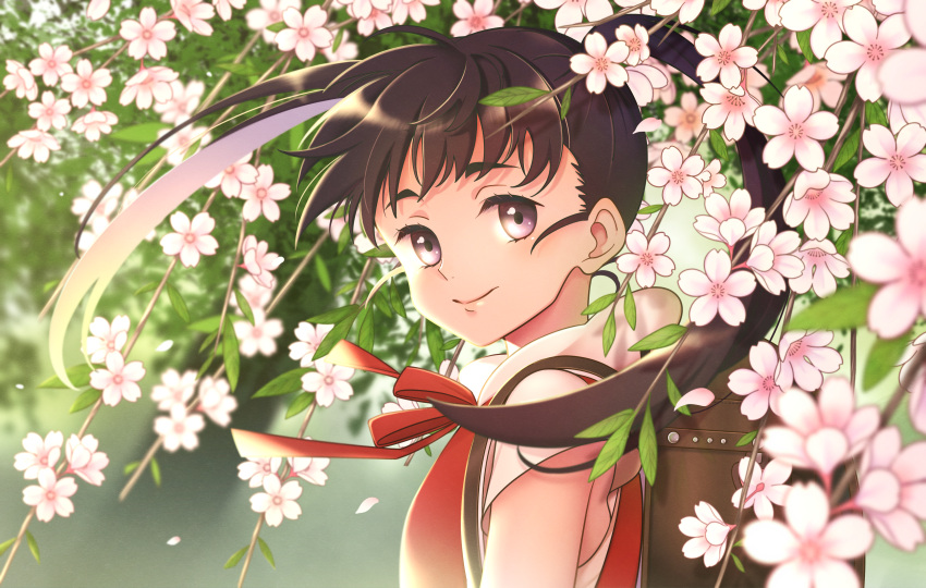 1girl, absurdres, backpack, bag, bangs, black_hair, cherry_blossoms, closed_mouth