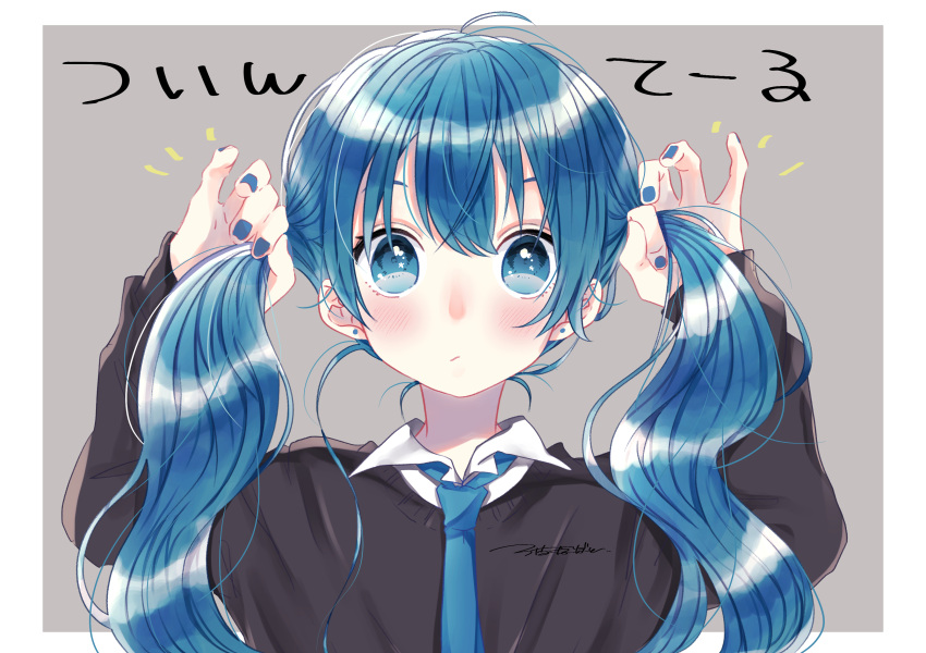 1girl, absurdres, bangs, black_sweater, blue_eyes, blue_hair, blue_nails, blue_necktie