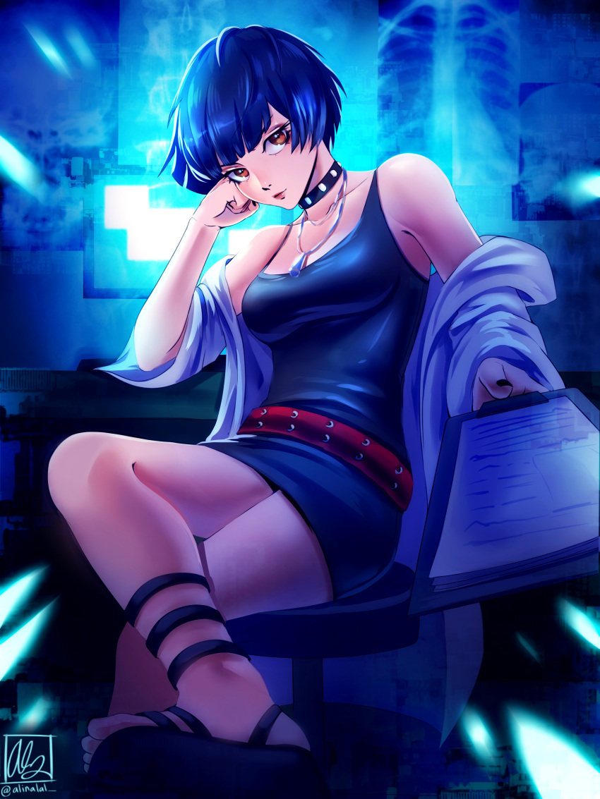 1girl, absurdres, alina_l, bangs, bare_legs, black_collar, black_nails, blue_hair, blue_sleeves, bob_cut, closed_mouth, collar, collarbone, crossed_legs, head_rest, highres, holding, looking_at_viewer, nail_polish, orange_eyes, persona, persona_5, red_lips, shiny, shiny_hair, short_hair, short_sleeves, sitting, solo, takemi_tae