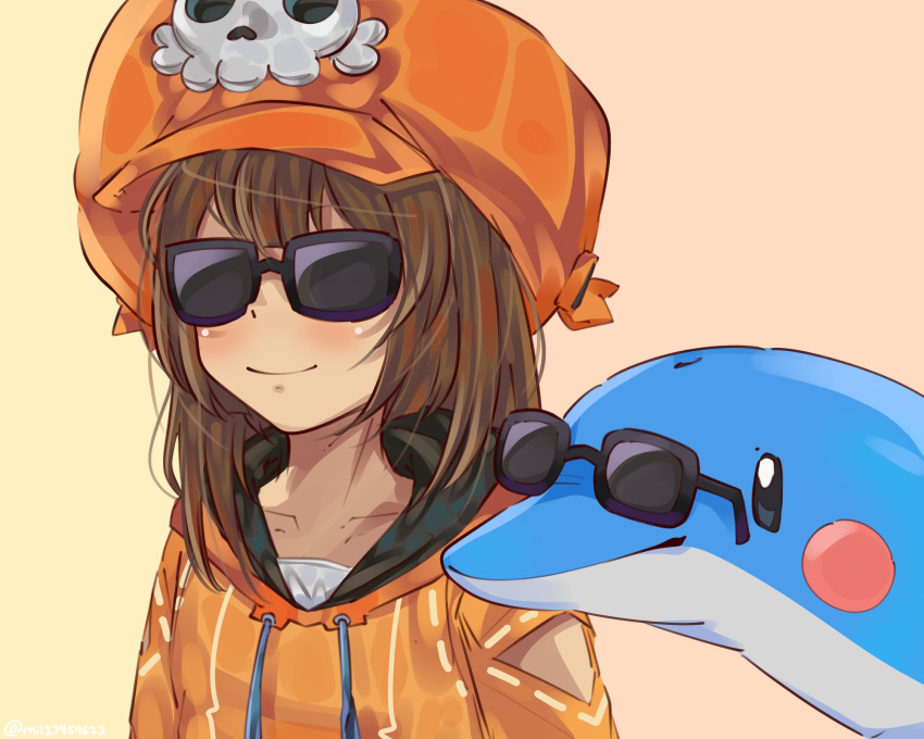 1girl, bangs, brown_hair, closed_mouth, collarbone, dolphin, drawstring, guilty_gear