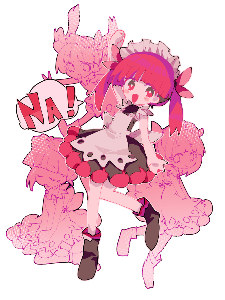 1girl, apron, arm_up, bangs, black_dress, black_footwear, boots, bright_pupils