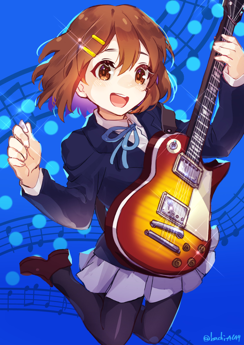 1girl, absurdres, black_pantyhose, blazer, blue_background, blush, brown_eyes, brown_hair