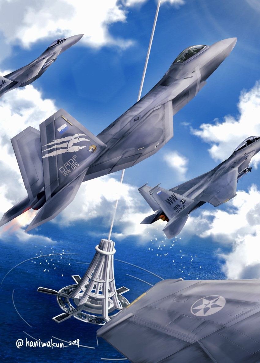 ace_combat, ace_combat_7, aircraft, airplane, artist_name, bird, blue_sky, clouds