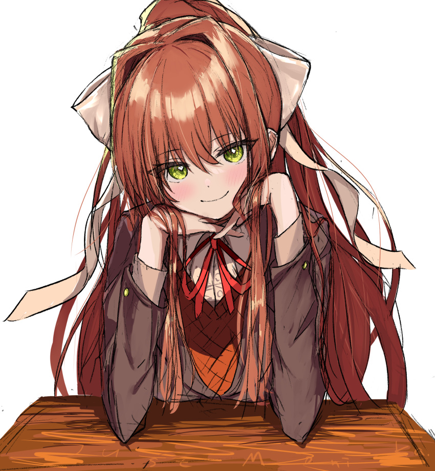 1girl, b4_(yonten), blazer, blush, brown_hair, brown_jacket, closed_mouth, desk