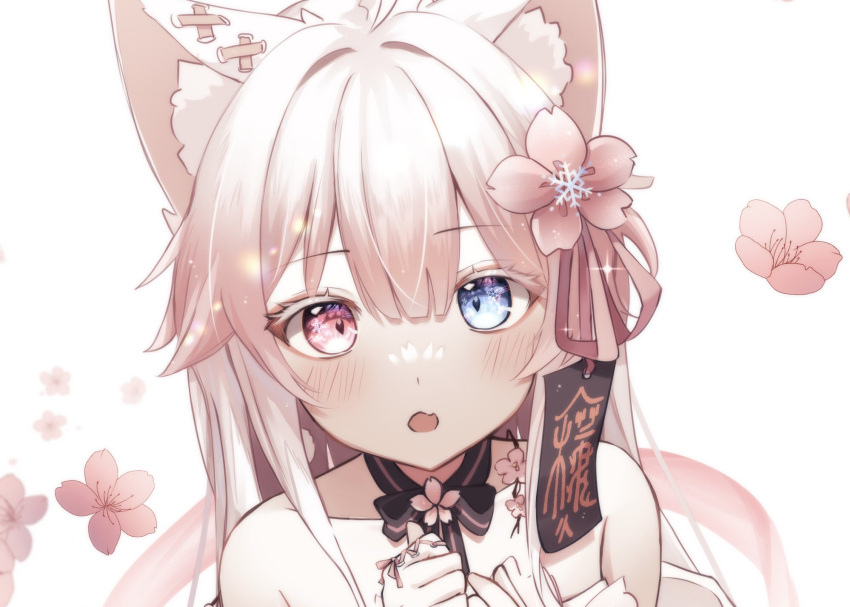 ahoge, animal_ear_fluff, animal_ears, bangs, bare_shoulders, blue_eyes, cat_ears, cherry_blossoms