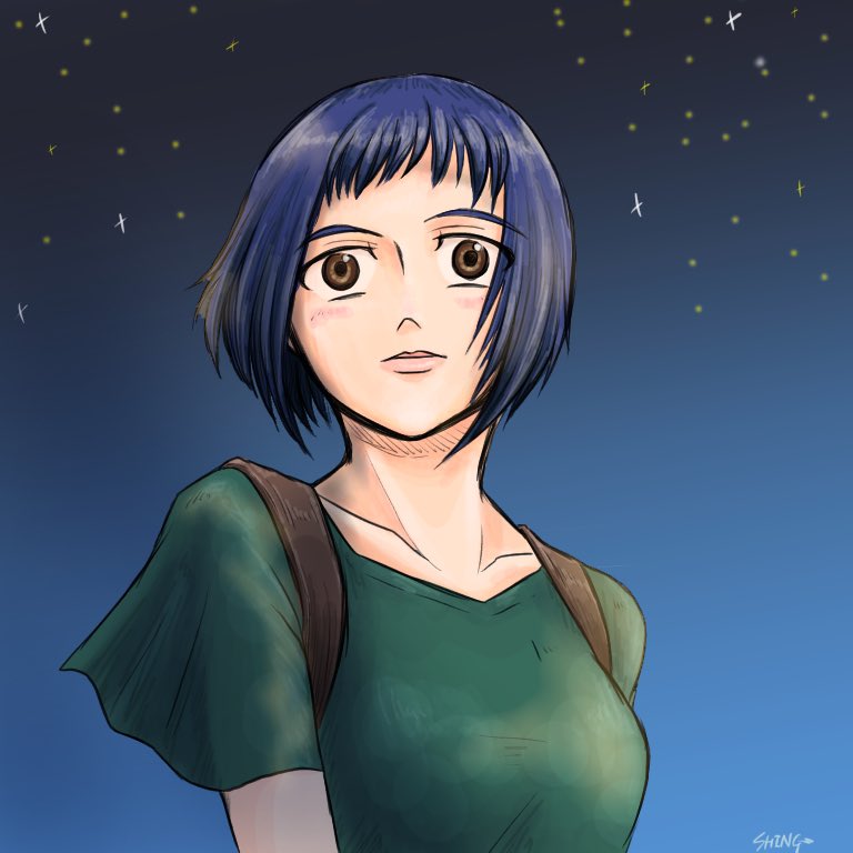 1girl, ace_combat, ace_combat_3, bangs, blue_hair, bob_cut, breasts, brown_eyes