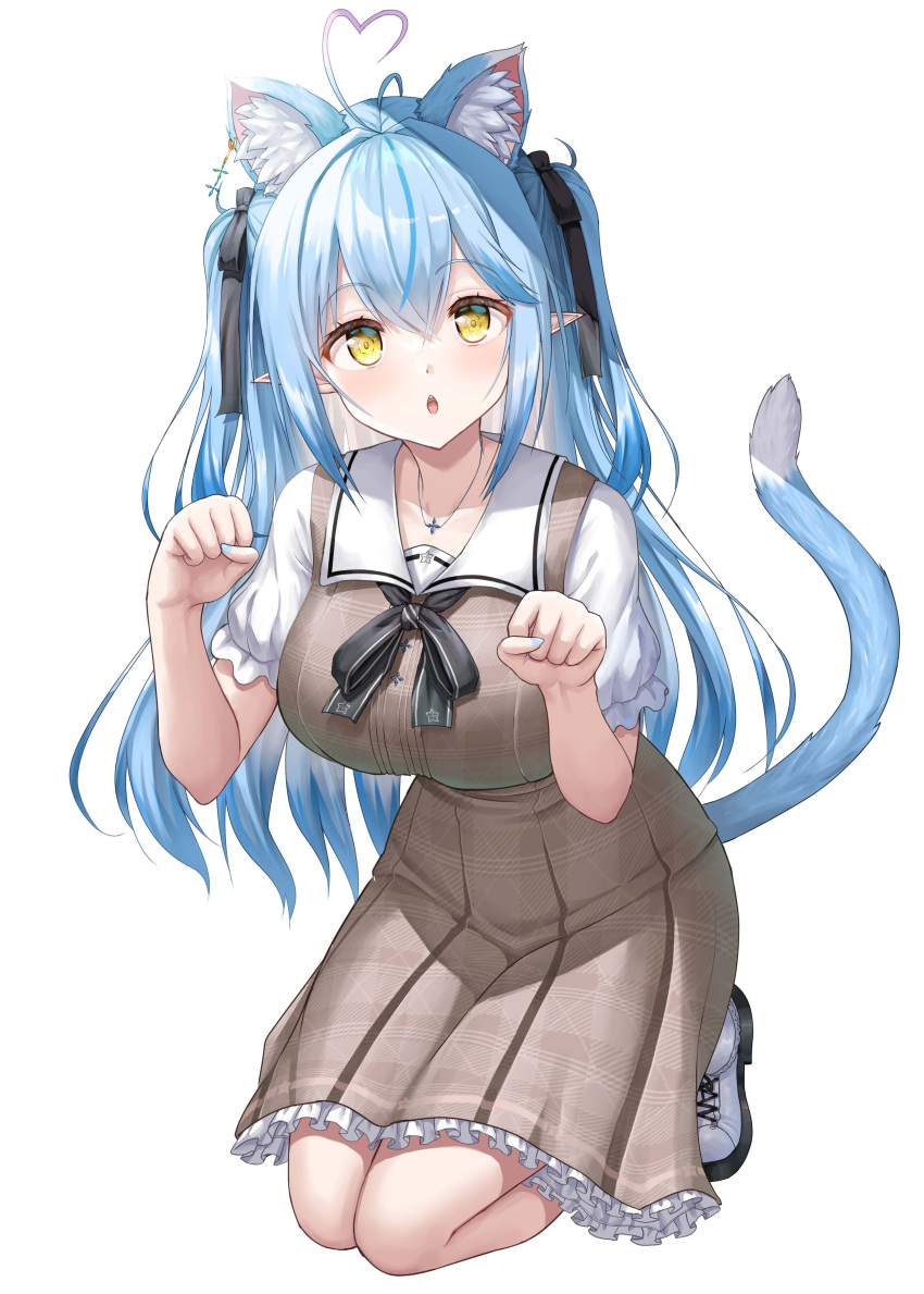 1girl, :o, absurdres, animal_ears, antenna_hair, bangs, black_neckerchief, black_ribbon