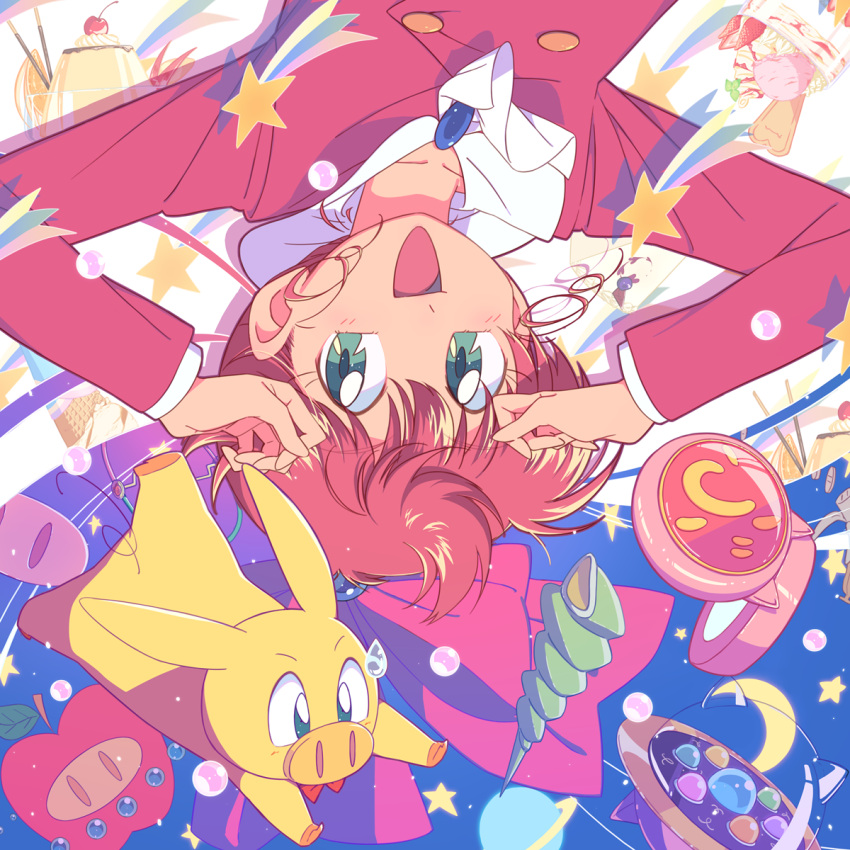 1boy, 1girl, apple, bow, food, fruit, gem, green_eyes, hair_bow, highres, kokubu_karin, kotobuki_daifuku, pearl_(gemstone), pig, pig_snout, ponytail, redhead, school_uniform, tonde_buurin, tonrariano, upside-down