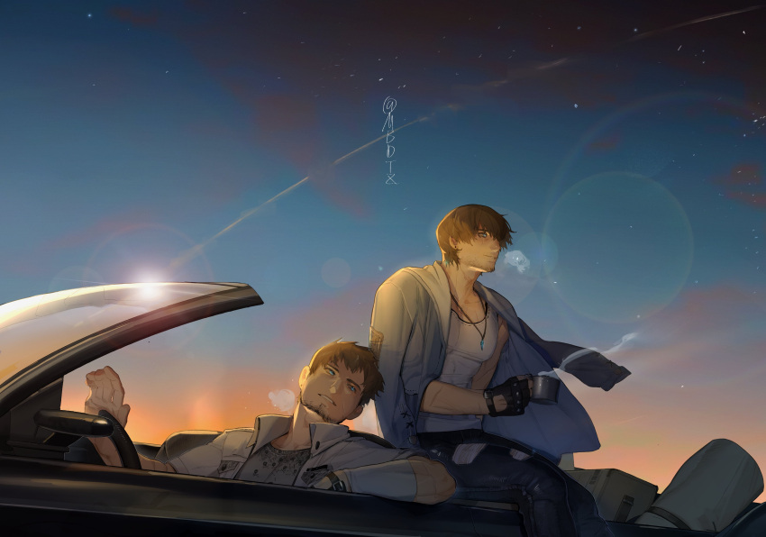2boys, absurdres, adventurer_(ff14), ardbert_(ff14), bangs, black_gloves, black_hair, blue_eyes