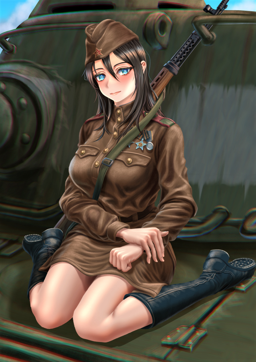 1girl, bangs, black_footwear, black_hair, blue_eyes, blue_sky, boots, brown_headwear