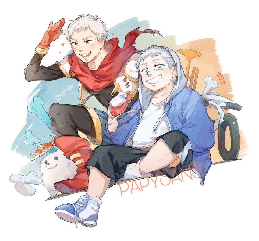 2boys, animal, annoying_dog, bicycle, black_bodysuit, black_shorts, blue_eyes, blue_shorts