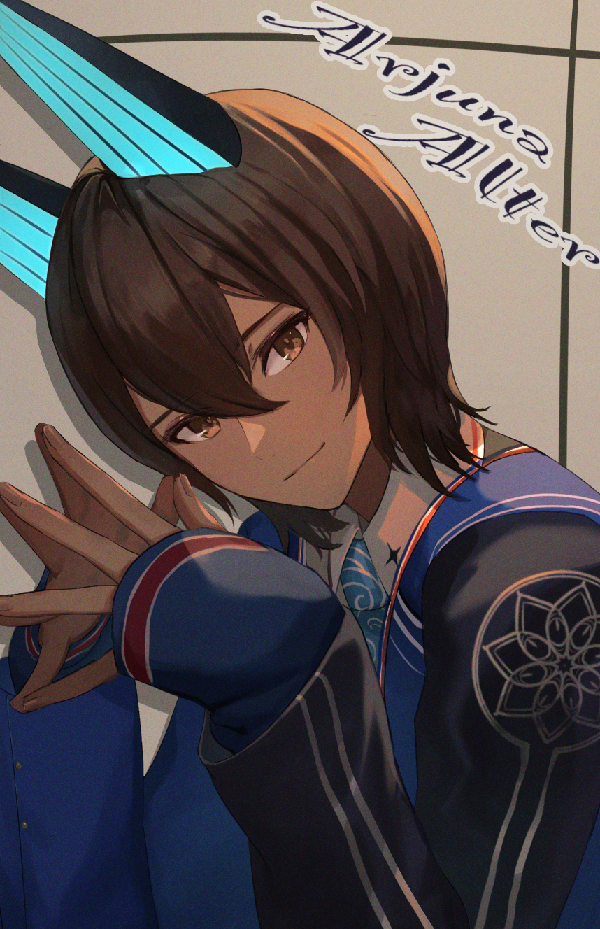 1boy, arjuna_(fate), arjuna_alter_(fate), arjuna_alter_(student_council_president)_(fate), background_text, bangs, black_eyes, black_hair