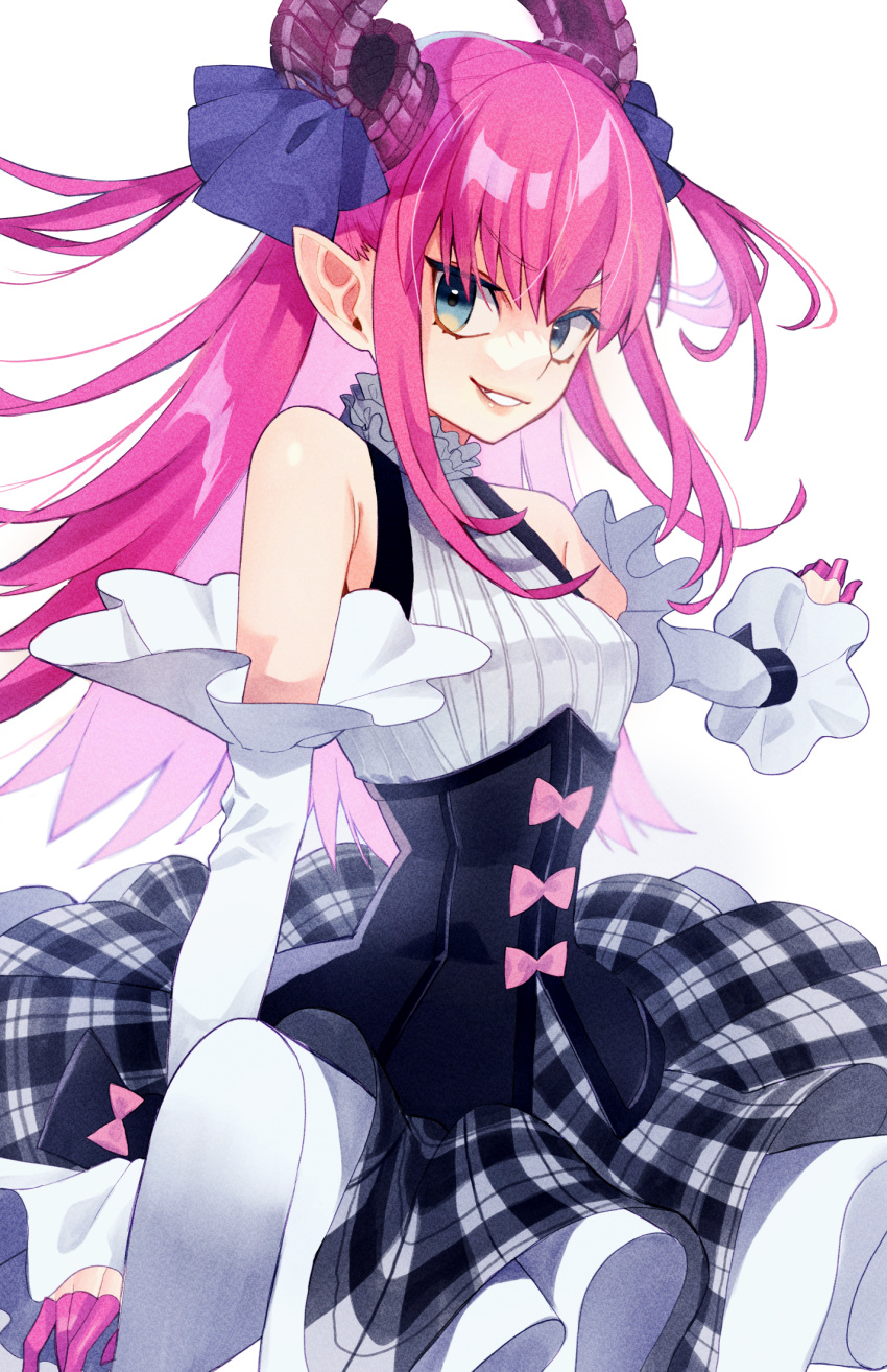 1girl, asymmetrical_horns, bangs, bare_shoulders, blue_eyes, bow, breasts, circle_skirt