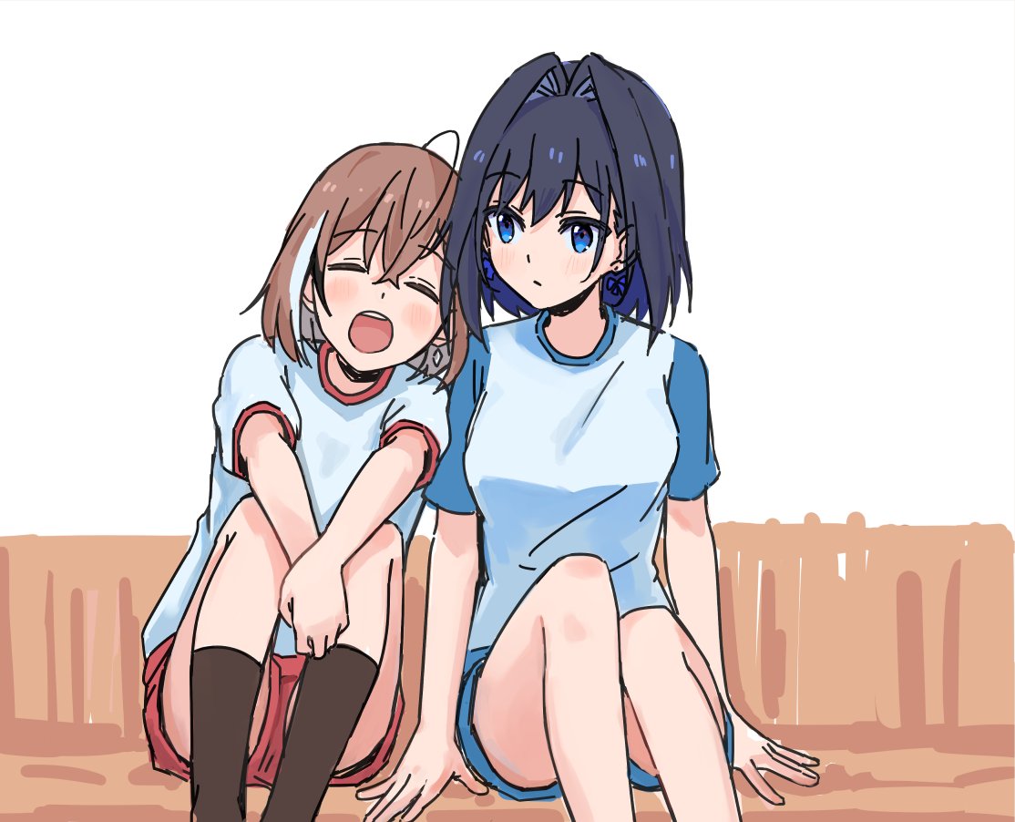 2girls, ahoge, bangs, blue_eyes, blue_hair, bow, bow_earrings, braid, braided_bangs, brown_hair, closed_eyes, earrings, gym_shirt, gym_shorts, gym_uniform, hair_intakes, hololive, hololive_english, jewelry, kisuu_(oddnumberr_), kneehighs, leaning_on_person, multicolored_hair, multiple_girls, nanashi_mumei, official_alternate_costume, ouro_kronii, shirt, short_hair, shorts, single_earring, sitting, sleepy, socks, streaked_hair, teeth, upper_teeth, virtual_youtuber, yawning