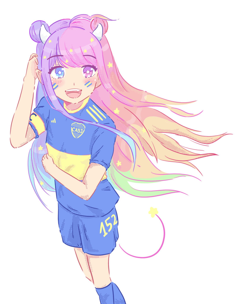 1girl, :d, adidas, ahoge, argentina, argentinian_flag, blonde_hair, blue_eyes