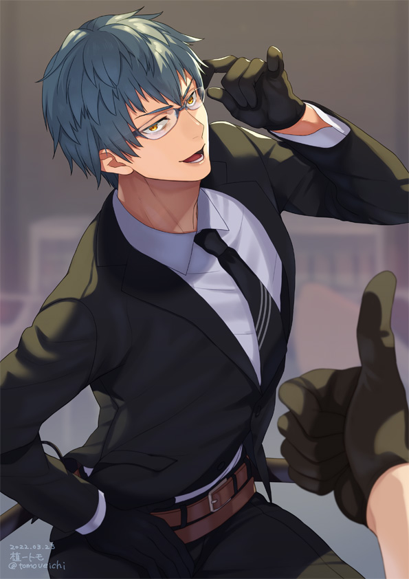 1boy, adjusting_eyewear, bangs, belt, black_gloves, black_jacket, black_necktie, black_pants