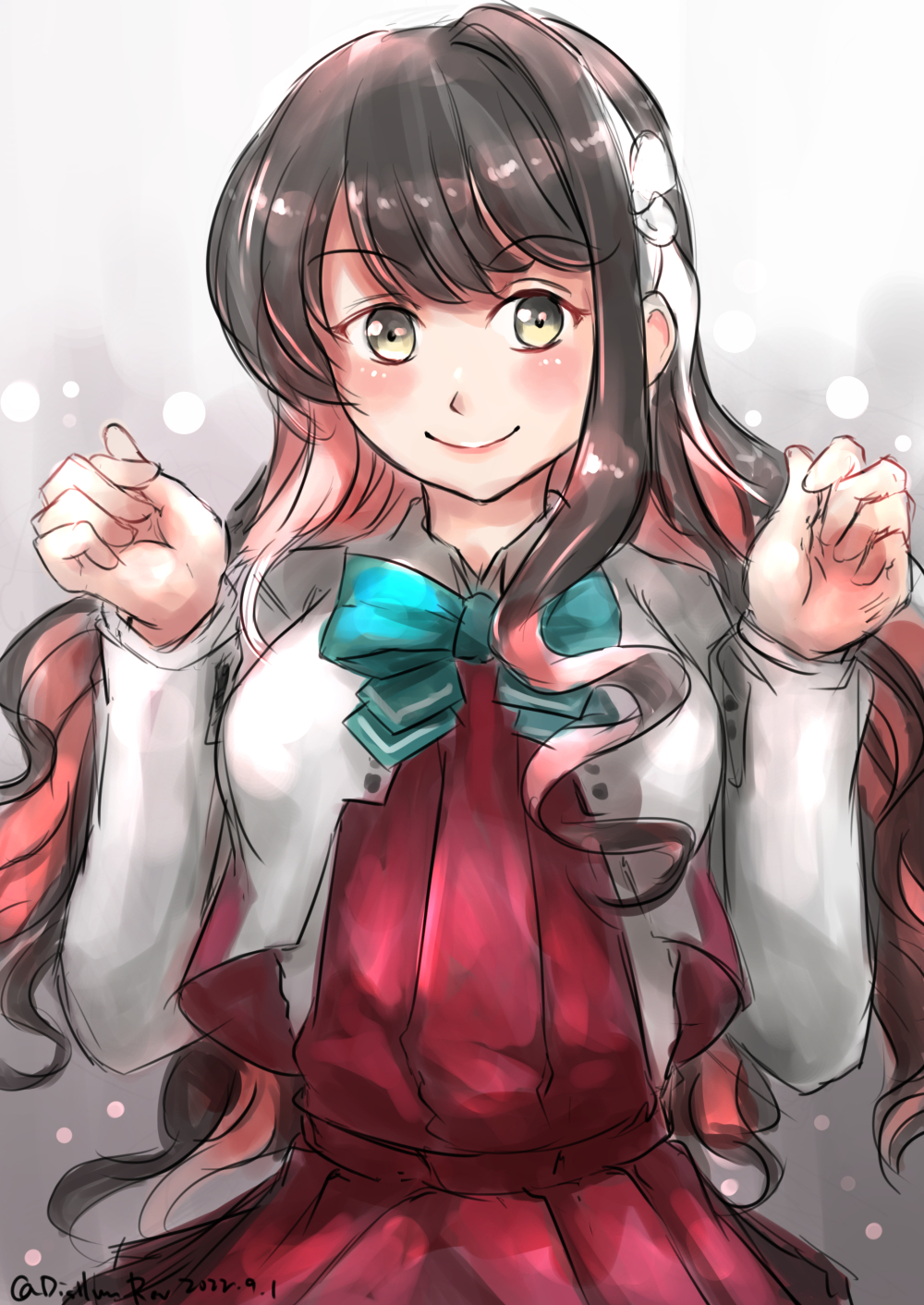 1girl, aqua_bow, aqua_bowtie, black_hair, bow, bowtie, breasts, colored_inner_hair