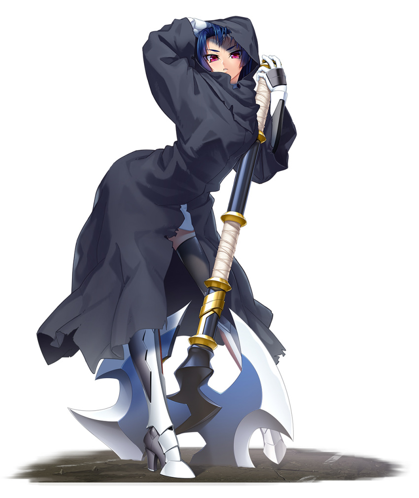 1girl, armor, armored_boots, axe, battle_axe, black_cloak, blue_hair, boots