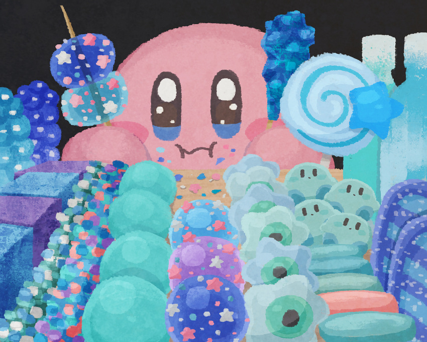 black_background, blue_theme, blush, candy, creature, doughnut, eating, feet_out_of_frame