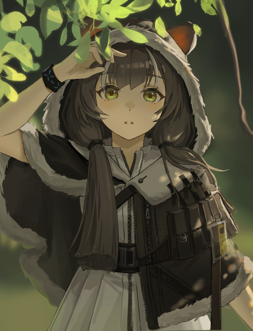1girl, absurdres, animal_ears, arknights, arm_up, bangs, black_capelet, black_hair