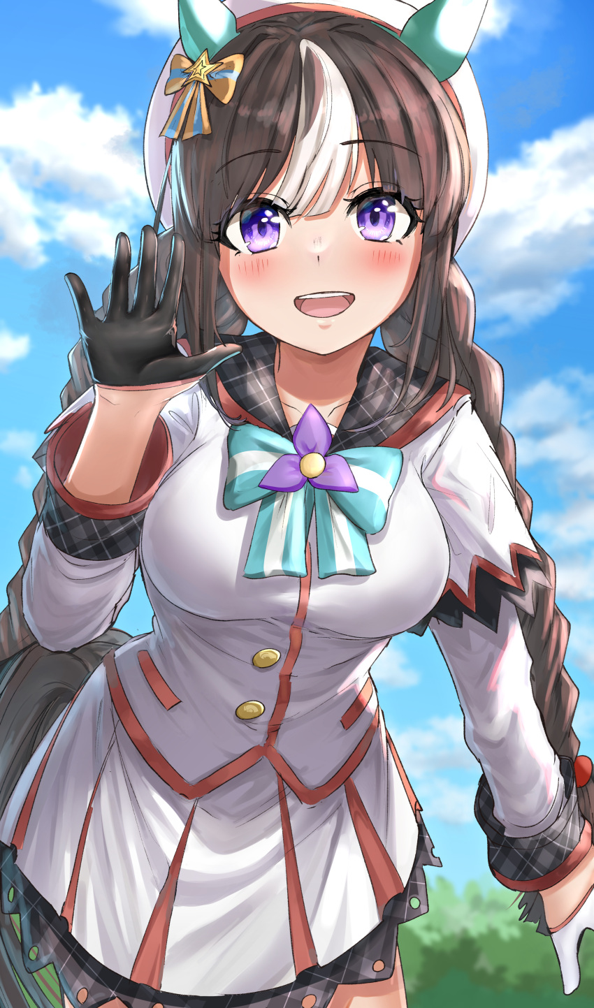 absurdres, animal_ears, beret, black_hair, blush, braid, breasts, clouds