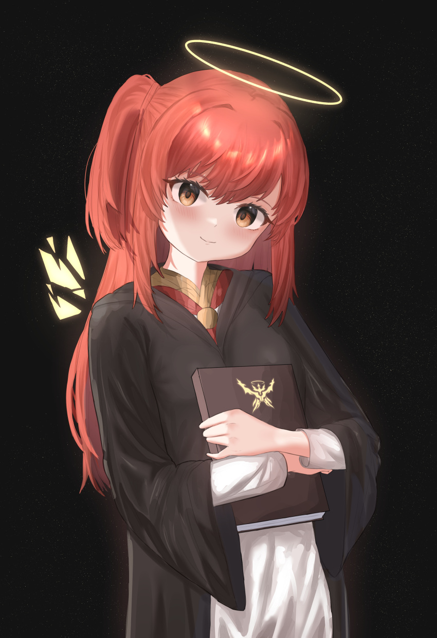 1girl, absurdres, aged_down, arknights, bangs, black_background, black_robe, book