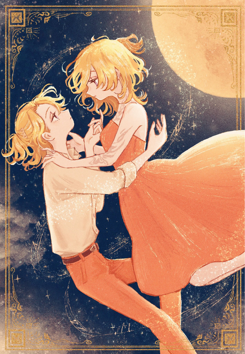 1boy, 1girl, arm_tattoo, belt, blonde_hair, brown_belt, chest_tattoo, commentary