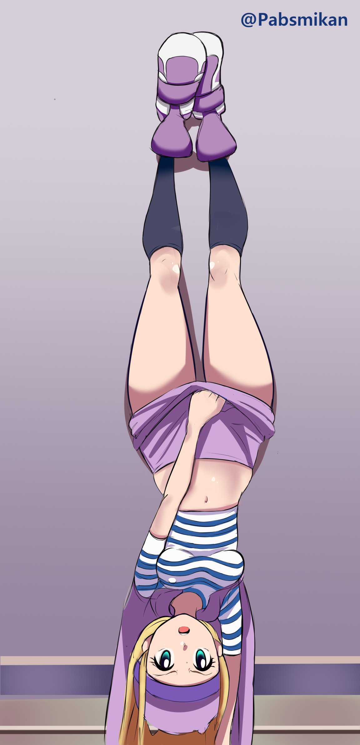 1girl, arm_support, blonde_hair, blue_eyes, covering, covering_crotch, crop_top, digimon