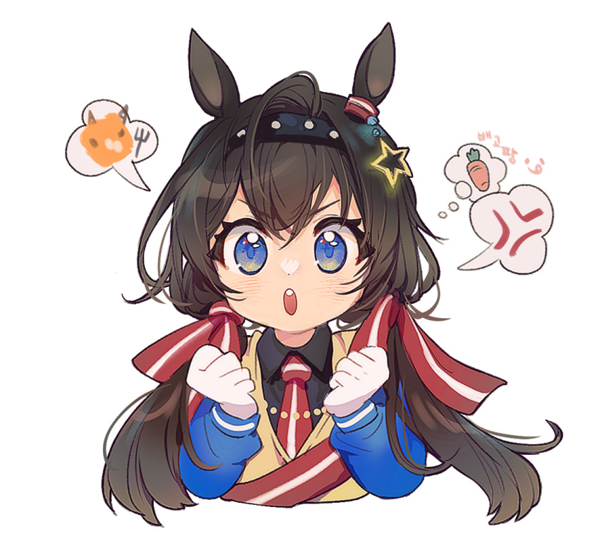 anger_vein, animal_ears, black_hair, blue_eyes, clenched_hands, gloves, grace_(kor)_(racehorse), hair_ornament