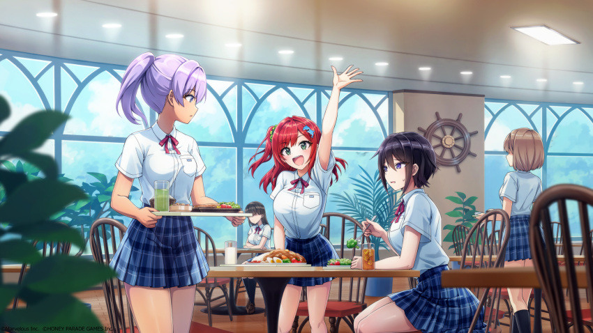 5girls, :d, black_hair, blue_skirt, breasts, copyright, cup, dark-skinned_female
