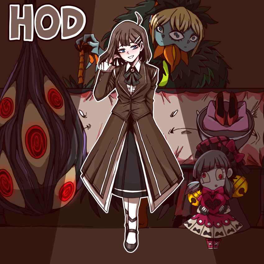 3girls, :d, absurdres, ahoge, ankle_strap, arm_behind_back, b2k, bell, black_bow, black_bowtie, black_footwear, black_skirt, blonde_hair, blue_eyes, blue_skin, bow, bowtie, brooch, brown_background, brown_coat, brown_hair, character_name, coat, collared_shirt, colored_skin, cushion, dream_of_a_black_swan, extra_eyes, extra_faces, full_body, hair_ornament, hairclip, hand_in_own_hair, heart, highres, hod_(project_moon), jewelry, jingle_bell, laetitia_(lobotomy_corporation), library_of_ruina, looking_at_viewer, mary_janes, medium_hair, monster, multiple_girls, outline, project_moon, red_footwear, shirt, shoes, shoes_removed, skirt, smile, spider_bud, spotlight, the_red_shoes_(lobotomy_corporation), thigh-highs, today's_shy_look, white_outline, white_shirt, white_thighhighs