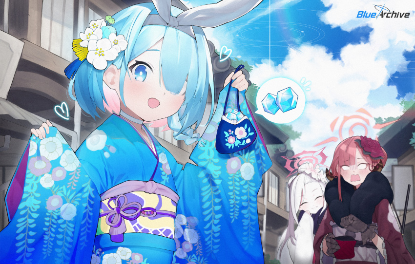 arona_(blue_archive), aru_(blue_archive), aru_(new_year)_(blue_archive), asymmetrical_hair, bangs, blue_archive, blue_eyes, blue_hair, blunt_bangs, bow_hairband, bright_pupils, choker, colored_inner_hair, demon_horns, floral_print, flower, fur-trimmed_kimono, fur_trim, gloves, hair_bun, hair_flower, hair_ornament, hair_over_one_eye, hair_pulled_back, hairband, halo, highres, horns, japanese_clothes, kimono, lace, lace_gloves, layer_(shinobu), multicolored_hair, mutsuki_(blue_archive), mutsuki_(new_year)_(blue_archive), obi, official_alternate_costume, pink_flower, pink_hair, red_kimono, sash, short_hair, single_hair_bun, white_choker, white_hair, white_kimono