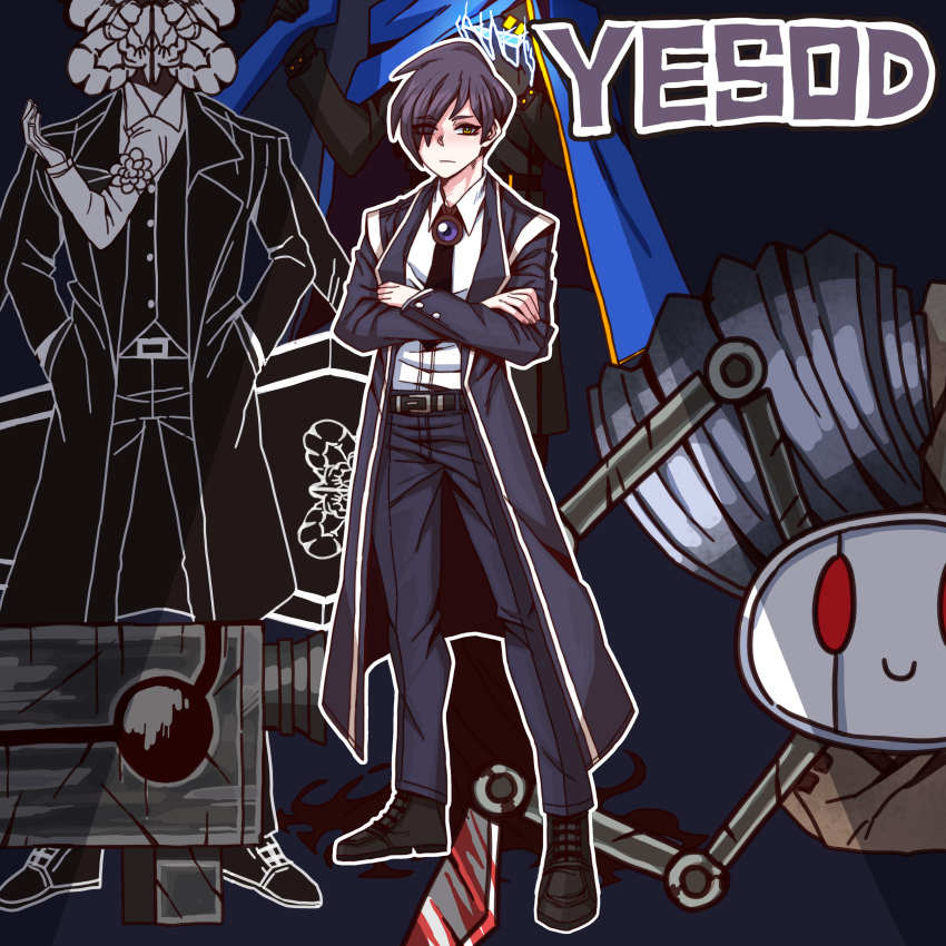 3boys, absurdres, all-around_helper, b2k, belt, belt_buckle, black_belt, black_coat